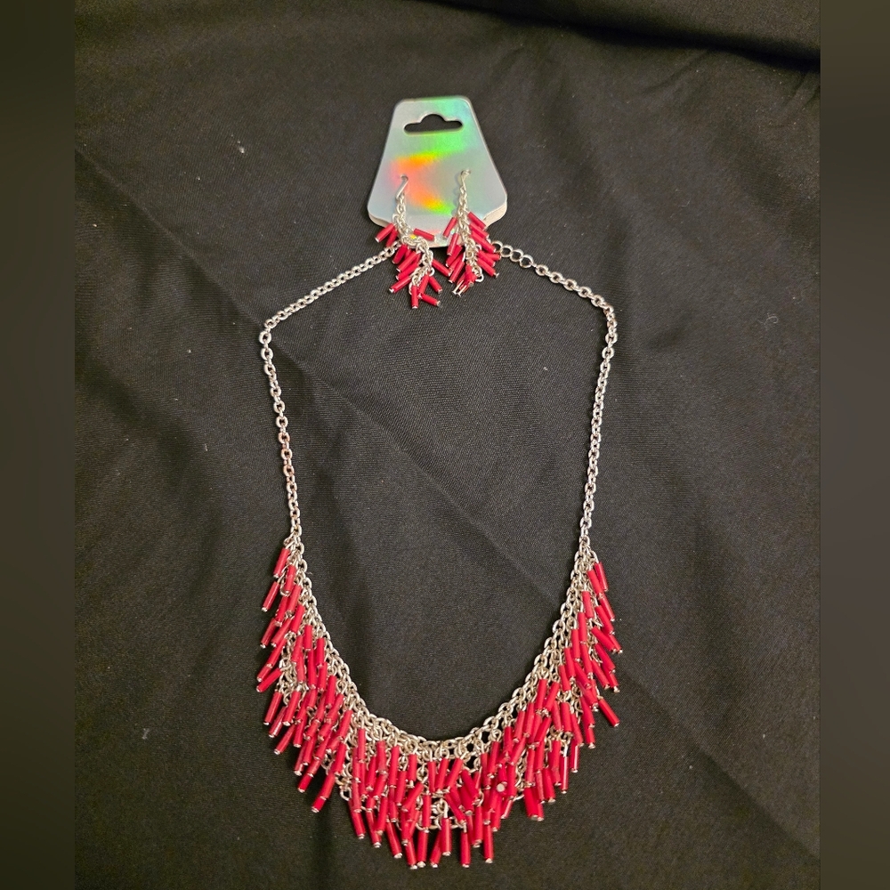 Red Bead and Silver-Tone chain fringe necklace,  with matching drop earrings